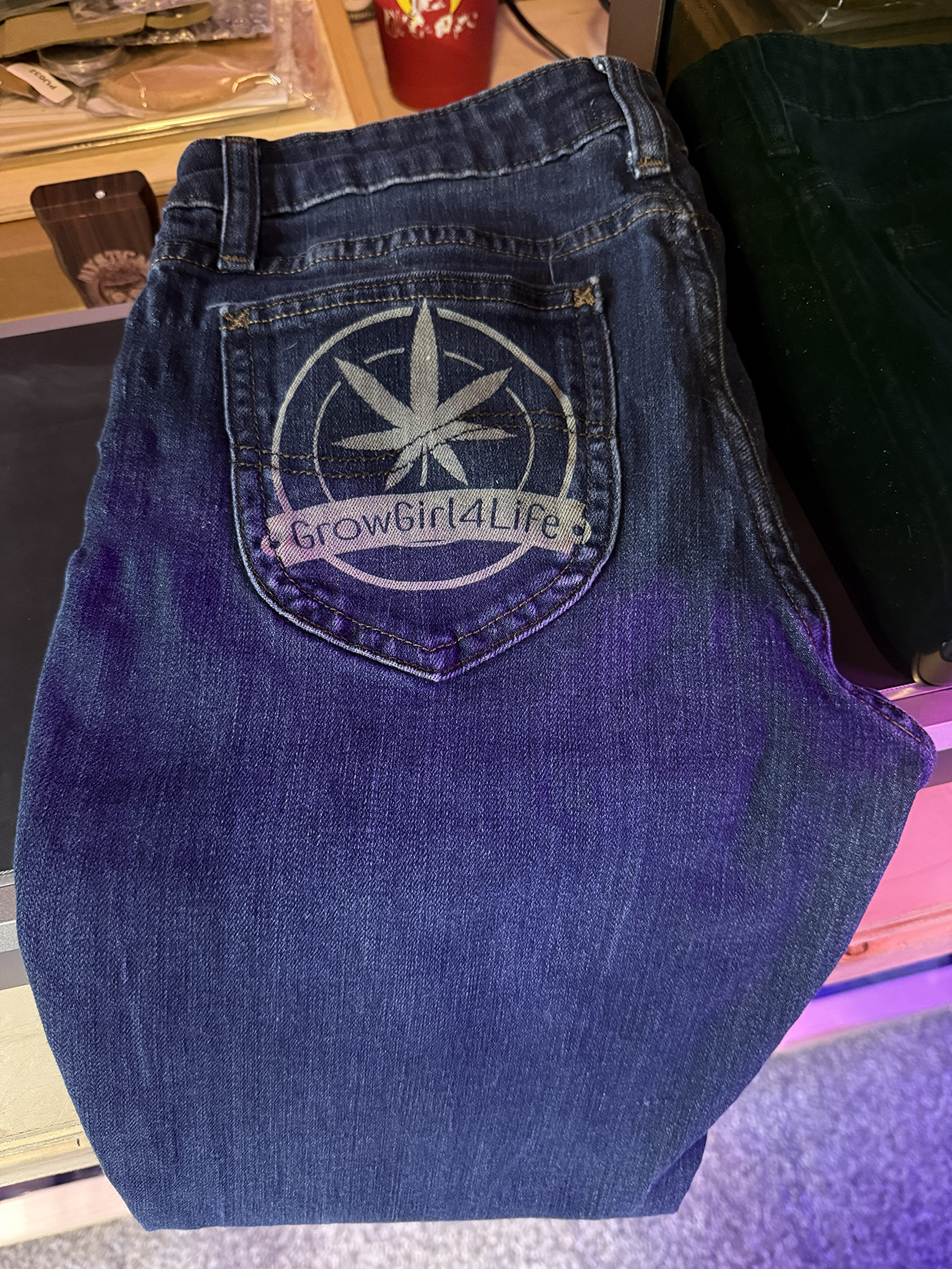 Custom laser engraved denim jeans 420 streetwear collab
