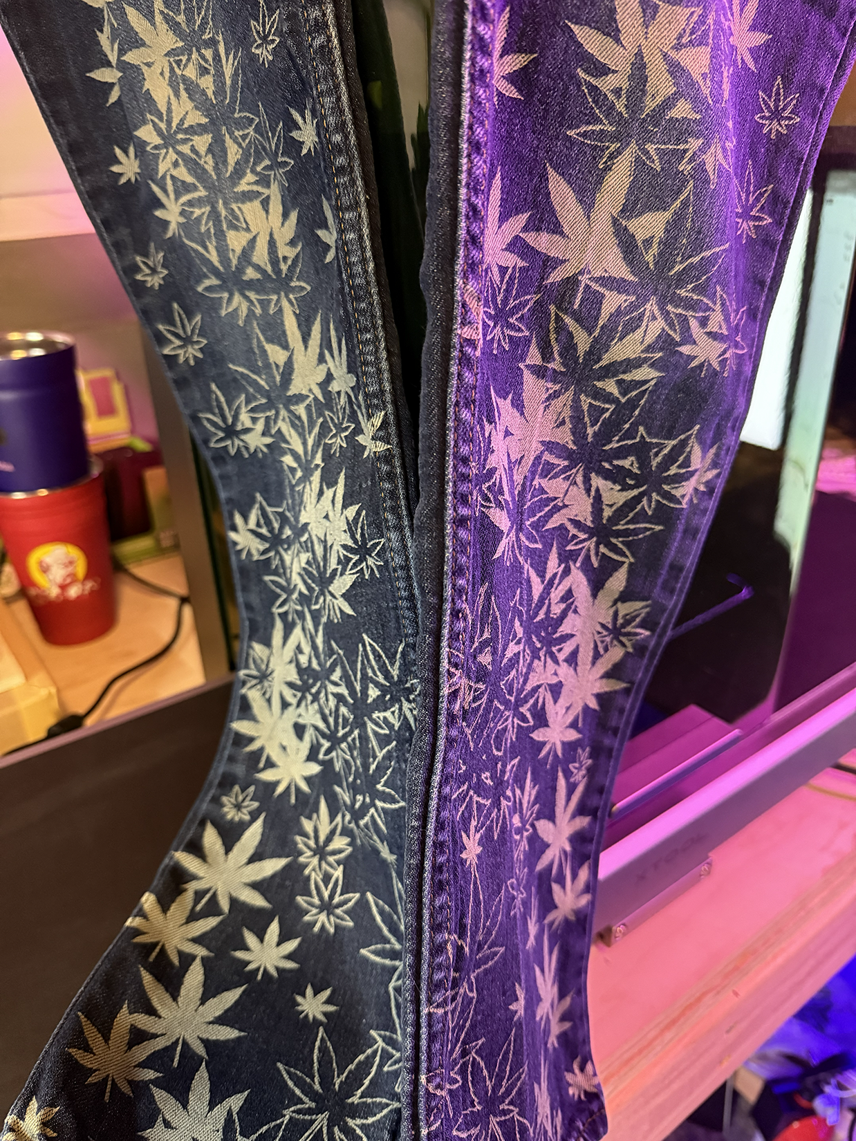 Custom laser engraved denim jeans 420 streetwear collab