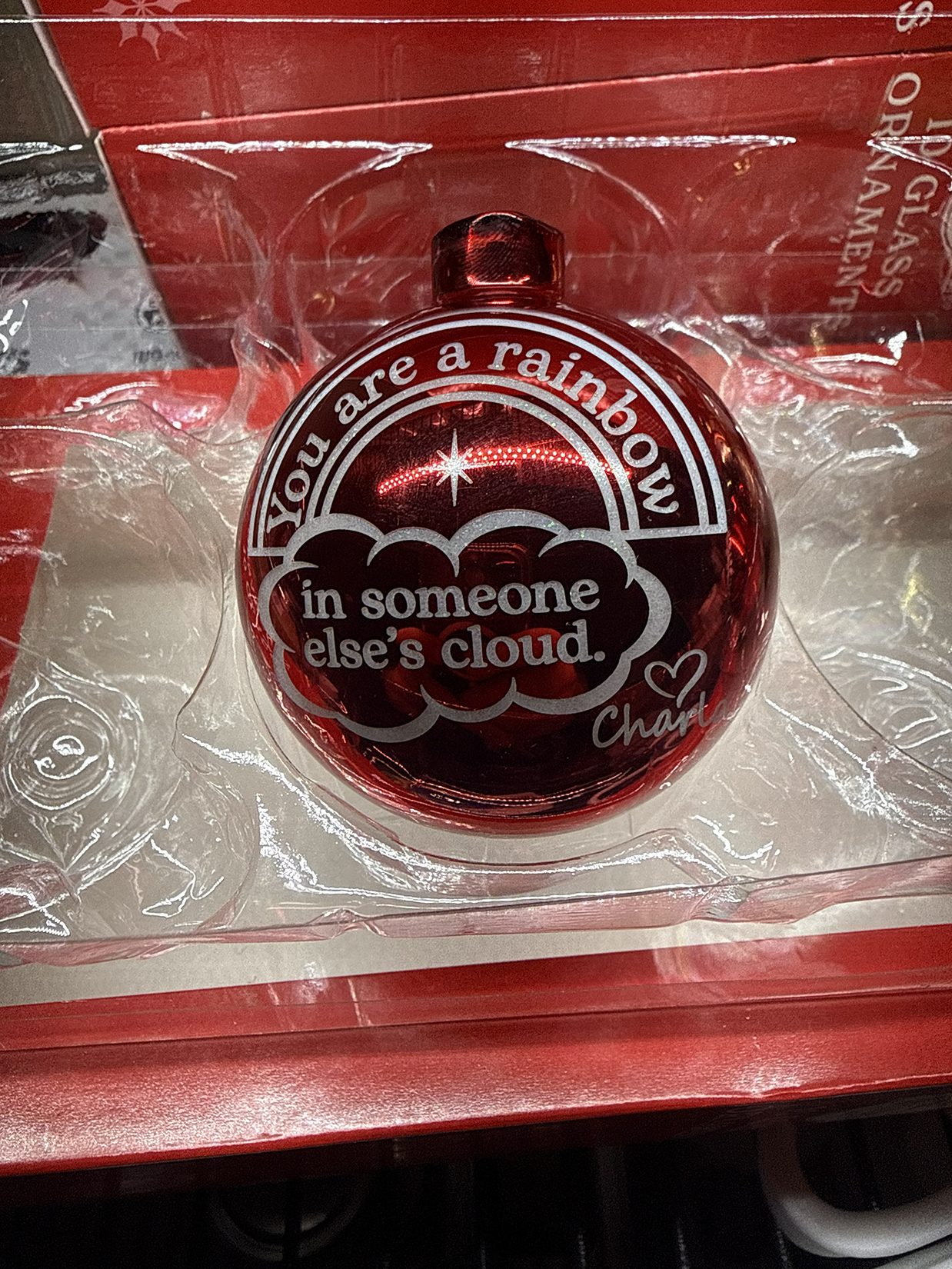 Laser engraved glass Christmas ornament with glitter back fill